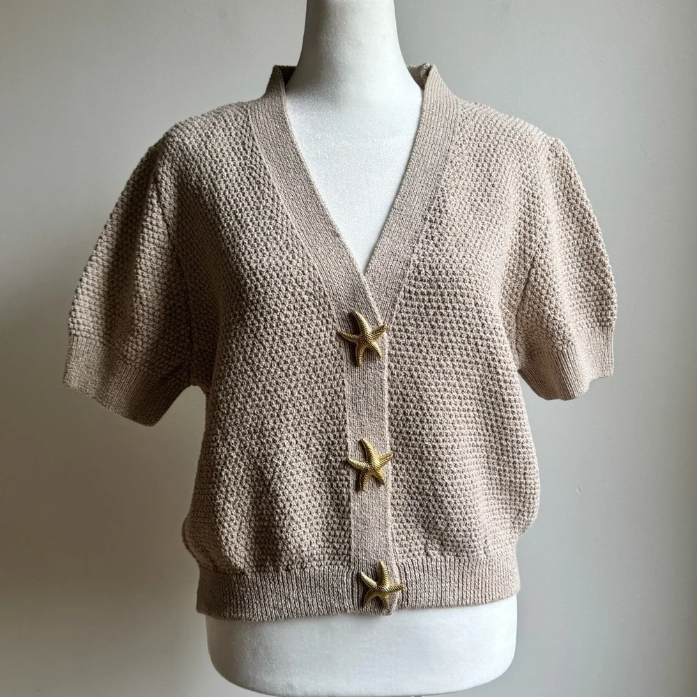 Zara Star Button Knit Women’s Cardigan Short Sleeve Tan Beige Size Medium - Picture 3 of 9